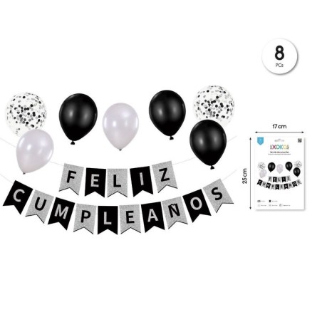 Guirnalda Feliz cumpleaños plata negro con 8 globos