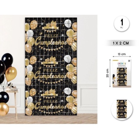 Cortina flecos cumpleaños negro oro globos 1x2 metros
