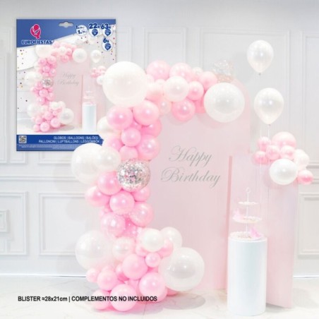 Set organico de globos rosas y transparente con confeti