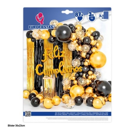 Set globos y cortina oro y negro 90 piezas