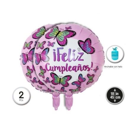 Globo feliz cumpleanos rosa mariposas 2 uds 45 cm 8433584563586 56358