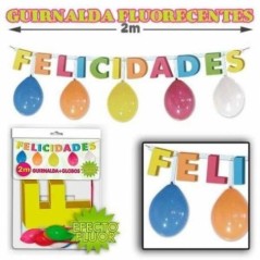 Guirnalda felicidades en colores fluor de 2 mt con globos 8429412954985 5498
