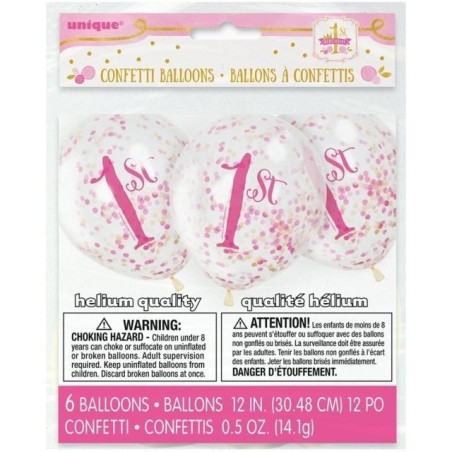 Globos transparentes con confeti rosa 1 cumpleanos 6uds 11179581658 58165