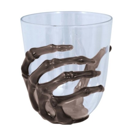 Vasos transparente con mano esqueleto negra 9,5 cm