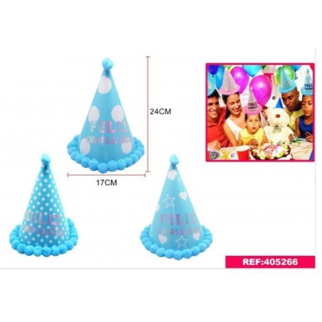 Gorro de cumpleaños azul con pompones 24x17 cm 8800884052667 405266RE