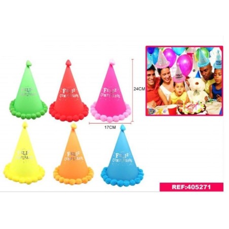 Gorro de cumpleaños colores surtidos con pompones 24x17 cm 8800884052711 405271RE