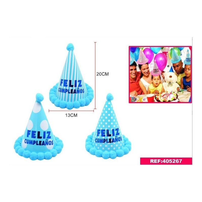 Gorro cumpleaños azul con pompones 20x13 cm infantil niño