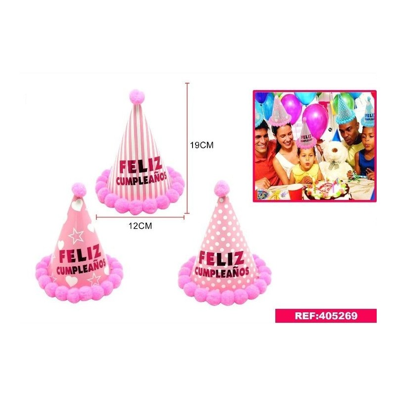 Gorro cumpleaños rosa con pompones 20x13 cm infantil niña